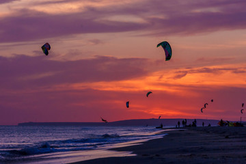 extreme group of professional kiters slide waves, jumps air on black sea with sail wing in hands led wind an sunset, onlookers photographers seagull on shore. village of annunciation. backlit, toned