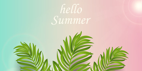 Hello summer time holiday typographic. Summer vector banner design concept with tropical palm leaves in pink, blue sky background. Vector illustration