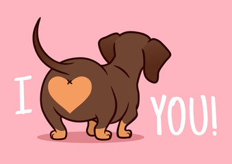 Cutе dachshund puppy dog vector cartoon illustration isolated on pink background. Funny "I love you" heart sausage dog butt design element for Valentine's day, pets, dog lovers theme.