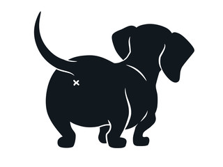 Cute dachshund sausage dog vector cartoon illustration isolated on white. Simple black and white silhouette drawing of  wiener puppy, rear view. Funny doxie butt, dog lovers, pets, animals theme.