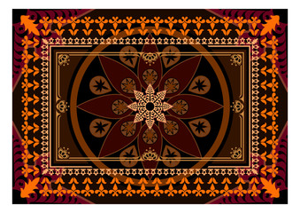 Carpet with brown and orange colors. The Eastern rectangular rug with different patterns and frames