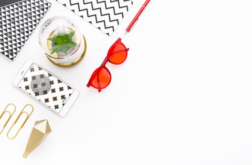 Man holds a tablet and looks at the screen. Mobile development. Innovational online businesses. Internet technologies. Trendy design. Geometry. Fashionable vibrant colors. Using a device. UX and UI.