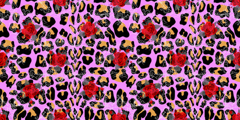 Seamless pattern with bouquets of roses on leopard skin background