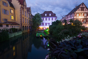 Fototapeta na wymiar Night in Petite Venice, Colmar, Alsace, France