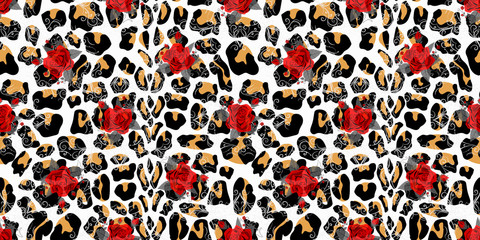 Seamless pattern with English roses and leopard skin.