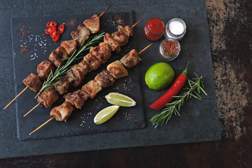 Juicy fresh shish kebab with spices. Middle Eastern cuisine.