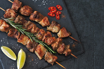Juicy fresh shish kebab with spices. Middle Eastern cuisine.
