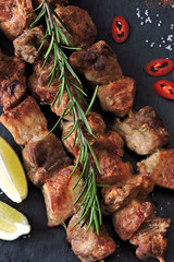 Juicy fresh shish kebab with spices. Middle Eastern cuisine.