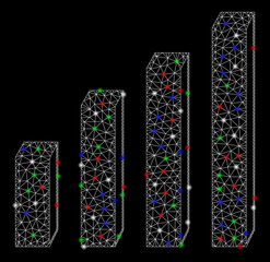 Bright mesh 3d bar chart with glow effect. White wire carcass triangular mesh in vector format on a black background. Abstract 2d mesh designed with triangular lines, points, colored glare spots.