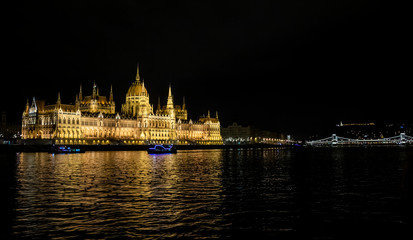 Night view of the Budapest Parliament from the Danube river  in Budapest, Hungary