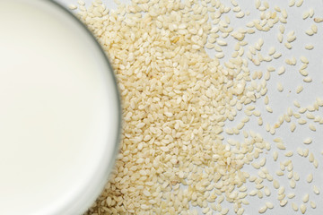 Sesame milk and seeds. Organic vegan non-dairy plant-based milk in a glass.