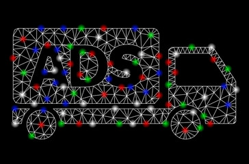 Bright mesh advertisement car with glare effect. White wire frame polygonal mesh in vector format on a black background. Abstract 2d mesh created from polygonal grid, points, colored glare spots.