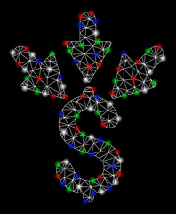 Bright mesh aggregate payment with glare effect. White wire carcass triangular mesh in vector format on a black background. Abstract 2d mesh designed with triangular lines, round dots,