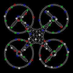 Bright mesh air copter with glare effect. White wire frame triangular mesh in vector format on a black background. Abstract 2d mesh created from triangular lines, round dots, colorful flash spots.