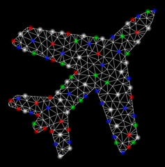 Bright mesh airplane with glare effect. White wire frame polygonal mesh in vector format on a black background. Abstract 2d mesh created from polygonal grid, spheric points, colored glare spots.