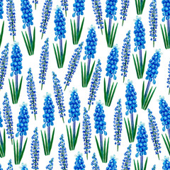 watercolor seamless pattern with different blue flowers, muscari, lupine isolated