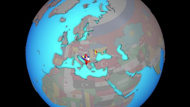 Closing in on CEFTA countries with embedded national flags on blue political 3D globe. 3D illustration.