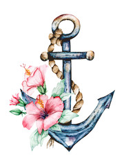 Anchor, flower. Watercolor hand painting marine vintage design. Summer illustration isolated on white background. © Larisa
