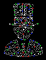 Bright mesh American capitalist with glare effect. White wire frame polygonal mesh in vector format on a black background. Abstract 2d mesh designed with triangles, round dots, colored glare spots.