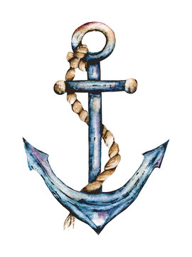 Anchor watercolor hand painting marine vintage design. Summer illustration, icon isolated on white background.