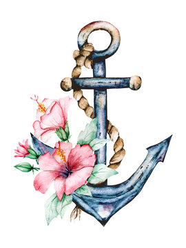 Anchor, flower. Watercolor hand painting marine vintage design. Summer illustration isolated on white background.