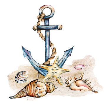 Anchor, seashells, starfish. Watercolor hand painting marine design. Summer illustration isolated on white background.
