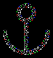 Bright mesh anchor with glare effect. White wire carcass triangular mesh in vector format on a black background. Abstract 2d mesh designed with triangular lines, spheric points, colored glare spots.