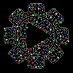 Bright mesh automation with glare effect. White wire frame polygonal mesh in vector format on a black background. Abstract 2d mesh designed with polygonal grid, dots, colorful flare spots.