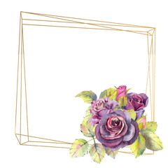 Flowers of dark roses, green leaves, composition in a geometric Golden frame . The concept of the wedding flowers. Flower poster, invitation. Watercolor compositions for the design of greeting cards