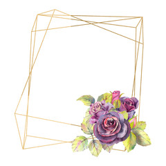Flowers of dark roses, green leaves, composition in a geometric Golden frame . The concept of the wedding flowers. Flower poster, invitation. Watercolor compositions for the design of greeting cards