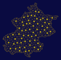 Bright yellow mesh Beijing City map with glare effect. Wire carcass polygonal mesh in vector EPS10 format on a dark black background. Abstract 2d mesh built from polygonal grid, points, © Tensor Designs