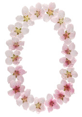 Fototapeta na wymiar Numeral 0, zero, from natural pink flowers of peach tree, isolated on white background
