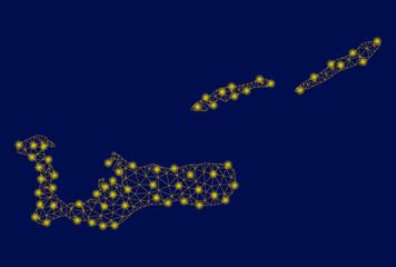 Bright yellow mesh Cayman Islands map with glare effect. Wire carcass polygonal mesh in vector EPS10 format on a dark black background. Abstract 2d mesh designed with polygonal grid, points,
