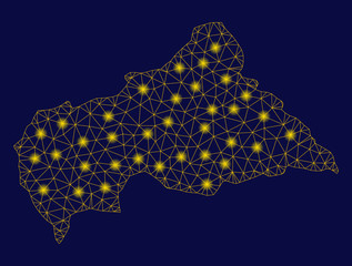 Bright yellow mesh Central African Republic map with lightspot effect. Wire carcass triangular mesh in vector EPS10 format on a dark black background. Abstract 2d mesh designed with triangular lines,