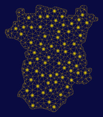 Bright yellow mesh Chechnya map with glow effect. Wire frame polygonal mesh in vector EPS10 format on a dark black background. Abstract 2d mesh designed with polygonal grid, dots,