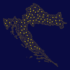 Bright yellow mesh Croatia map with glow effect. Wire frame triangular mesh in vector EPS10 format on a dark black background. Abstract 2d mesh designed with triangles, round dots,