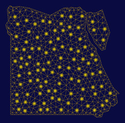 Bright yellow mesh Egypt map with lightspot effect. Wire carcass polygonal mesh in vector EPS10 format on a dark black background. Abstract 2d mesh designed with polygonal grid, points,