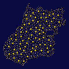Bright yellow mesh Goias State map with lightspot effect. Wire carcass polygonal mesh in vector EPS10 format on a dark black background. Abstract 2d mesh designed with polygonal grid, spheric points,