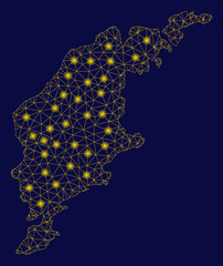 Bright yellow mesh Gotland Island map with glare effect. Wire carcass polygonal mesh in vector EPS10 format on a dark black background. Abstract 2d mesh built from polygonal grid, round dots,
