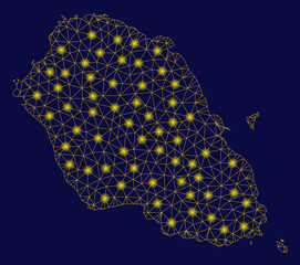 Bright yellow mesh Graciosa Island map with glare effect. Wire frame polygonal mesh in vector EPS10 format on a dark black background. Abstract 2d mesh created from polygonal grid, spheric points,