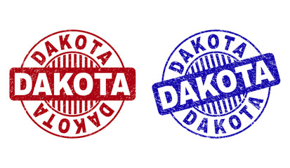 Grunge DAKOTA round stamp seals isolated on a white background. Round seals with grunge texture in red and blue colors. Vector rubber overlay of DAKOTA label inside circle form with stripes.