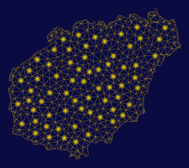 Bright yellow mesh Hainan Island map with glow effect. Wire carcass triangular mesh in vector EPS10 format on a dark black background. Abstract 2d mesh built from triangular lines, points,
