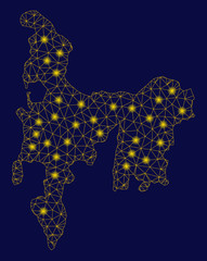 Bright yellow mesh Hamilton Island map with lightspot effect. Wire frame polygonal mesh in vector EPS10 format on a dark black background. Abstract 2d mesh designed with triangles, dots,