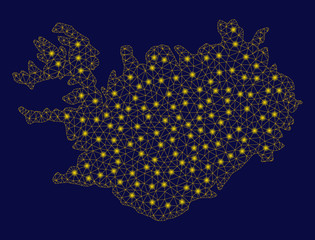 Bright yellow mesh Iceland map with glow effect. Wire carcass polygonal mesh in vector EPS10 format on a dark black background. Abstract 2d mesh created from polygonal grid, round dots,