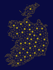 Bright yellow mesh Ireland Republic map with glare effect. Wire carcass polygonal mesh in vector EPS10 format on a dark black background. Abstract 2d mesh designed with triangular lines, dots,
