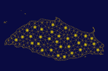 Bright yellow mesh Isla La Tortuga map with glare effect. Wire carcass polygonal network in vector EPS10 format on a dark black background. Abstract 2d mesh designed with polygonal grid, round dots,