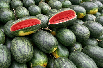Rows of green watermelons which lying on each other outdoors