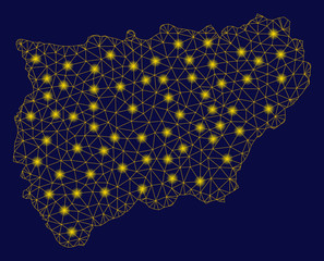 Bright yellow mesh Jaen Spanish Province map with glow effect. Wire frame polygonal mesh in vector EPS10 format on a dark black background. Abstract 2d mesh built from polygonal grid, dots,