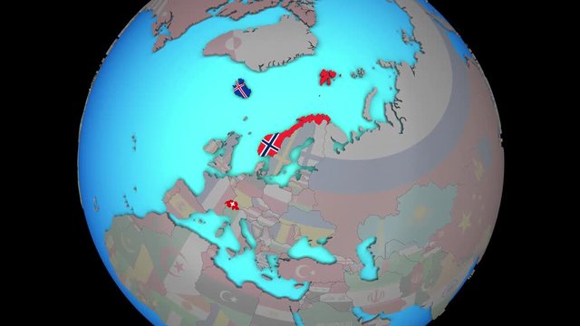 Closing in on EFTA countries with embedded national flags on blue political 3D globe. 3D illustration.