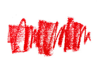 Red crayon scribble texture. Abstract crayon on white background. Wax pastel spot. It is a hand drawn, red abstract crayon background.